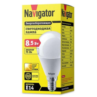 Лампа светодиодная Navigator 8.5 Вт E 14 шарообразная 2700 К теплый белый свет