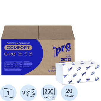 Полотенца бумажные листовые Protissue V-сложения 1-слойные 20 пачек по 250 листов (плотность 33 г, артикул производителя C193)