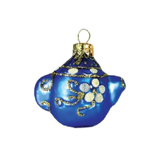 Новогоднее украшение Чайник стеклянное синее/белое (высота 6 см)