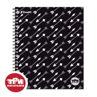 Тетрадь общая Комус Три богатыря Стрелы А5+ 80 листов в клетку на спирали (обложка черная, УФ-выборочный глянцевый лак)