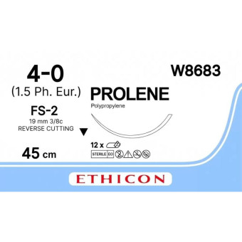 Шовный материал Пролен 4/0 45 см обратно-режущая игла 19 мм 3/8 W8683 (12 штук в упаковке)