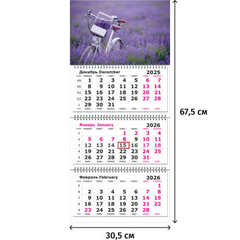 Календарь настенный 3-х блочный 2026 Велосипед в поле 30.5x67.5 см