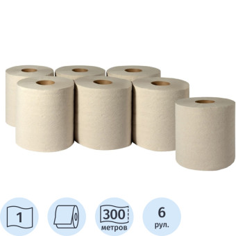 Полотенца бумажные в рулонах с центральной вытяжкой 1-слойные 6 рулонов по 300 метров