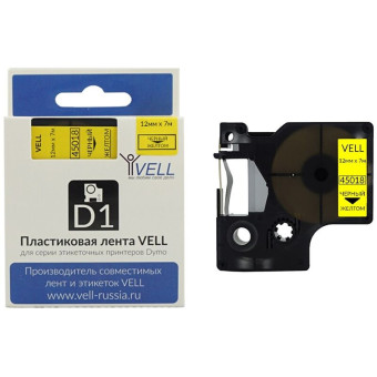 Картридж Vell VL-D-S0720580/45018 для принтера этикеток Dymo (12 мм x 7  м,  цвет ленты желтый, шрифт черный)
