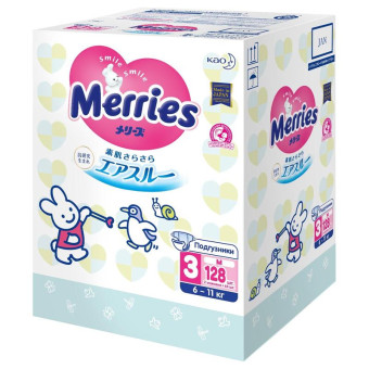 Подгузники Merries размер 3 (M) 6-11 кг (128 штук в упаковке)