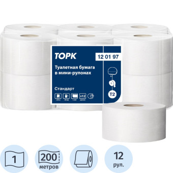 Бумага туалетная рулонная Торк (Tork) Universal T2 1-слойная цвет натуральный белый 12 рулонов по 200 метров (120197)