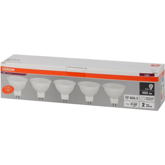 Лампа светодиодная Osram 6 Вт GU5.3 (MR, 4000 К, 480 Лм, 220 В, 5 штук в упаковке, 4058075584860)
