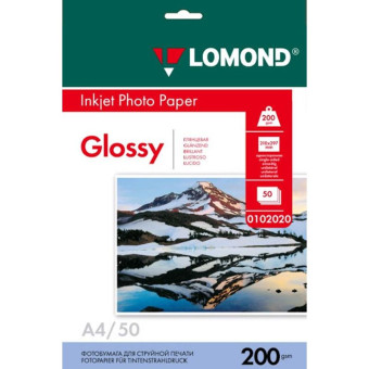 Фотобумага для цветной струйной печати Lomond односторонняя (глянцевая, А4, 200 г/кв.м, 50 листов, артикул производителя 0102020) Фотобумага для цветной струйной печати Lomond односторонняя (глянцевая, А4, 200 г/кв.м, 50 листов, артикул производителя 0102020)