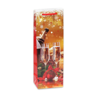 Пакет подарочный ламинированный новогодний под бутылку Яркий праздник (12x36x8.5 см)