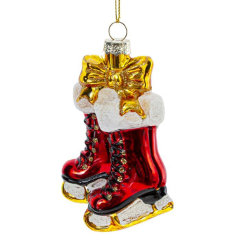 Елочная игрушка Коньки стекло красная/золотистая (высота 11 см)