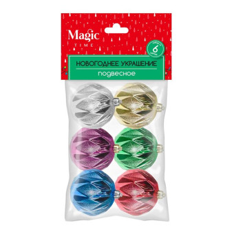 Новогоднее украшение Magic Time пластик разноцветное (диаметр 6 см, 6 штук в упаковке, 90781)