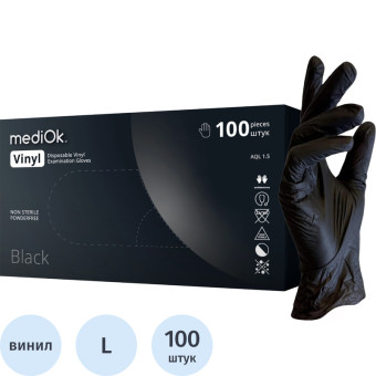 Перчатки медицинские смотровые виниловые MediOk нестерильные  неопудренные размер L (8-9) чёрные (50 пар/100 штук в упаковке)
