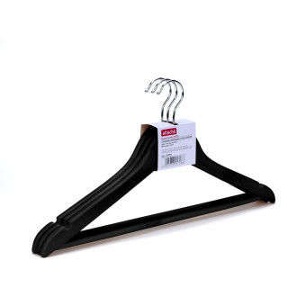 Вешалка-плечики Attache F6612NM-B3 деревянная с выемками и перекладиной  черная (размер 48-50, 3 штуки в упаковке)