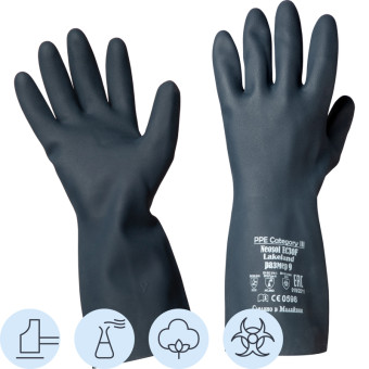Перчатки КЩС неопреновые Lakeland Neosol EC30F с хлопковым напылением черные (размер 8, М)
