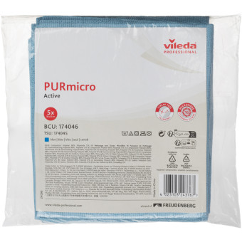 Салфетки хозяйственные Vileda Professional ПУРМикро микрофибра 38x35 см 260 г/кв.м синие (5 штук в упаковке)