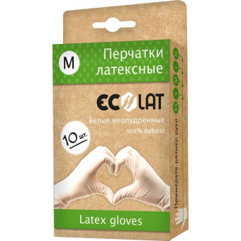 Перчатки одноразовые EcoLat латексные неопудренные белые (размер M, 10 штук/5 пар в упаковке)