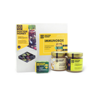 Подарочный набор Doctor Honey Иммунобокс (мед с прополисом 200 г, мед с маточным молочком 200 г, мыло-скраб, чай 45 г)