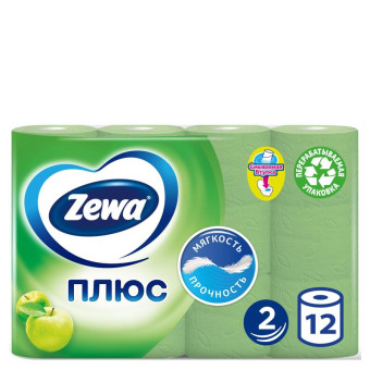 Бумага туалетная Zewa Плюс 2-слойная зеленая с ароматом яблока (12 рулонов в упаковке)