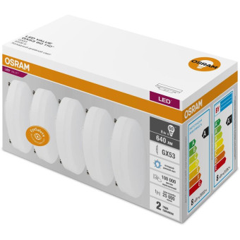 Лампа светодиодная Osram 8 Вт GX53 (GX, 6500 К, 640 Лм, 220 В, 5 штук в упаковке, 4058075584297)