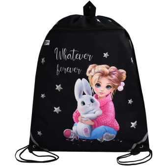 Мешок для сменной обуви Феникс+ Девочка и зайка 360х480 мм чёрный с  ручкой-петлёй, светоотражающими элементами, карман на молнии