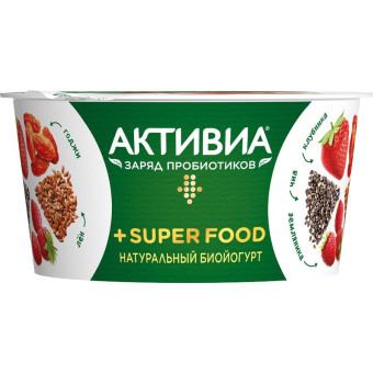Йогурт Активиа + Super Food клубника/лен/чиа/земляника/годжи 2.3% 140 г