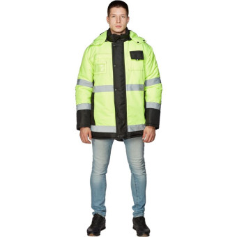 Куртка рабочая зимняя мужская 344-КУ с СОП черная/лимонная из ткани кошачий глаз (размер 48-50, рост 170-176)