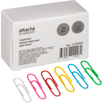 Скрепки канцелярские 28 мм Attache Economy металлические с полимерным покрытием (50 штук в упаковке)