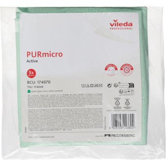Салфетки хозяйственные Vileda Professional ПУРмикро Актив микрофибра 38x35 см 260 г/кв.м зеленые (5 штук в упаковке)