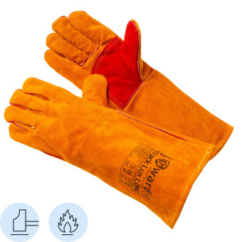 Краги сварщика спилковые Gward Track Lux Long XY240 утеплённые пятипалые  красные/оранжевые (12 пар в упаковке)