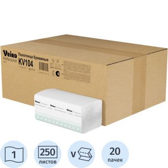 Полотенца бумажные листовые Veiro Professional H3 V-сложение (ZZ) 1-слойные белые 20 пачек по 250 листов (KV104)