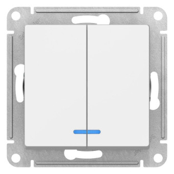 Выключатель двухклавишный Schneider AtlasDesign 10АХ с подсветкой (синего цвета), белый