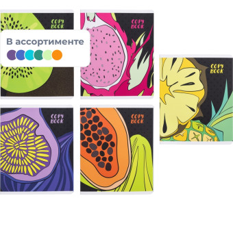 Тетрадь общая Феникс+ Тропические фрукты А5+ 48 листов в клетку на  скрепках (Soft Touch)