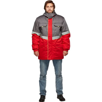 Куртка рабочая зимняя мужская з43-КУ с СОП серая/красная из ткани твил (размер 52-54, рост 170-176)