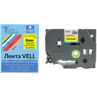 Картридж Vell VL-611CH для принтера этикеток Brother (6 мм x 8 м, цвет  ленты желтый, шрифт черный)