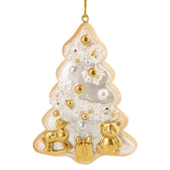 Новогоднее украшение Пряник-елочка полирезина белое/золотистое (высота 7.3 см)