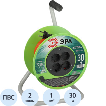 Удлинитель на катушке силовой Эра ПВС 2х1 кв.мм 30 м 10 А без заземления  4 розетки (Б0059782)